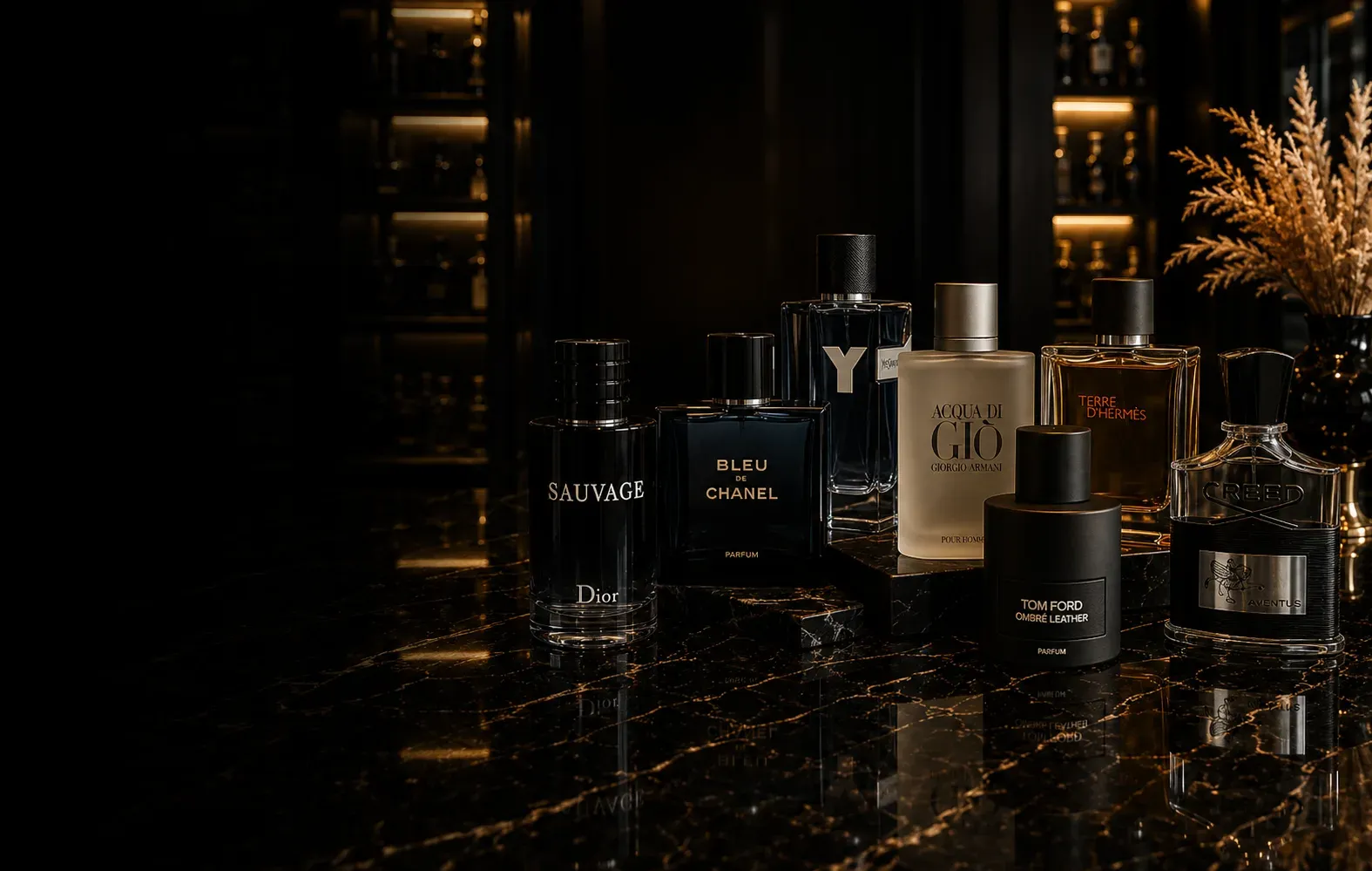 Men’s fragrances lined up on black marble