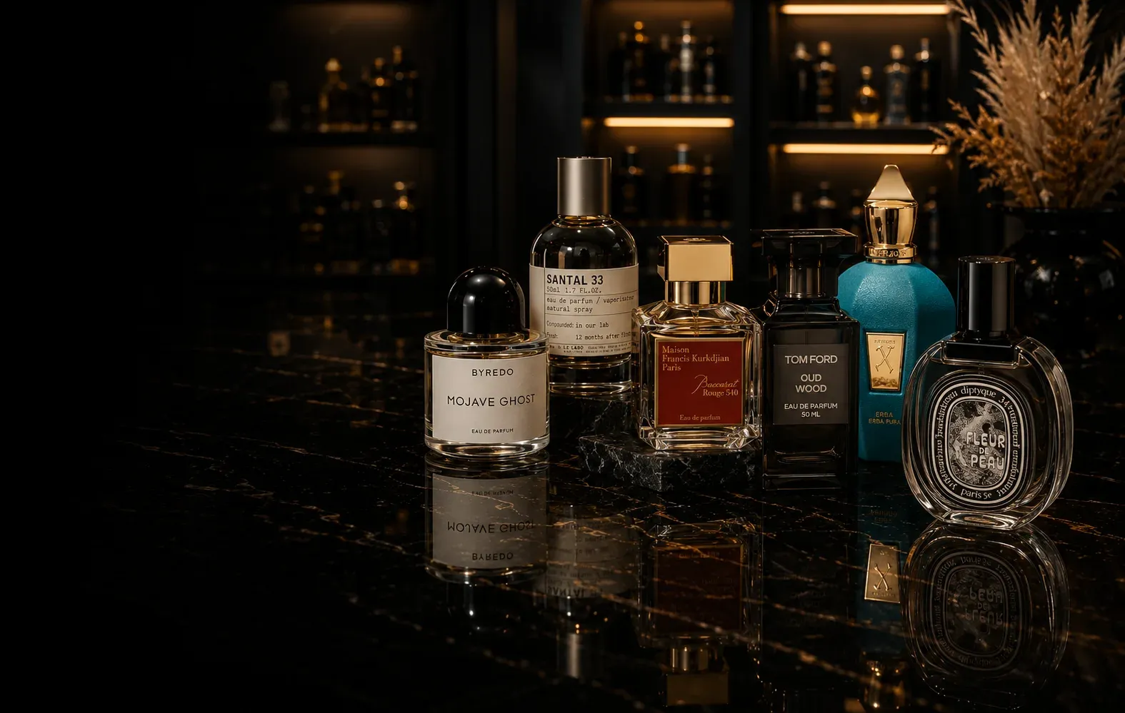 Unisex fragrances lined up on black marble